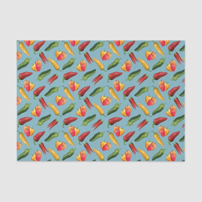 Colourful Chilli peppers on blue  Tissue Paper (Front)