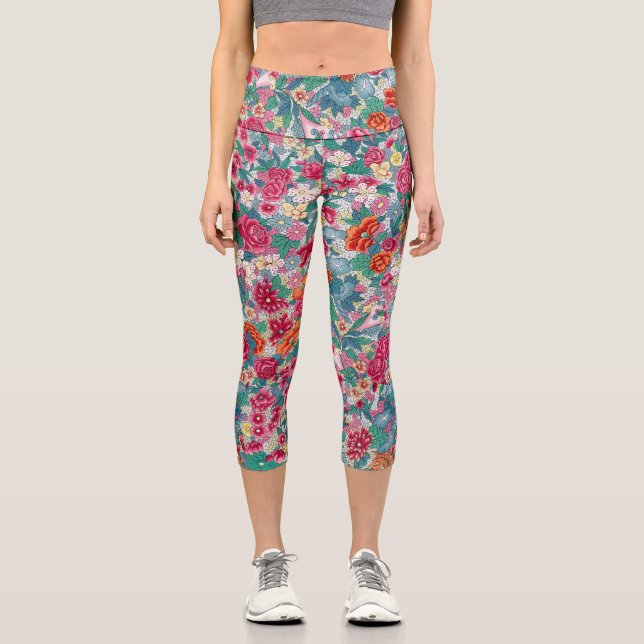 Colourful Chinese Floral Pattern Capri Leggings (Front)