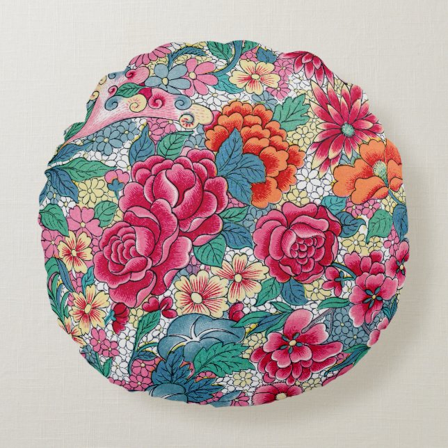 Colourful Chinese Floral Pattern Round Cushion (Front)