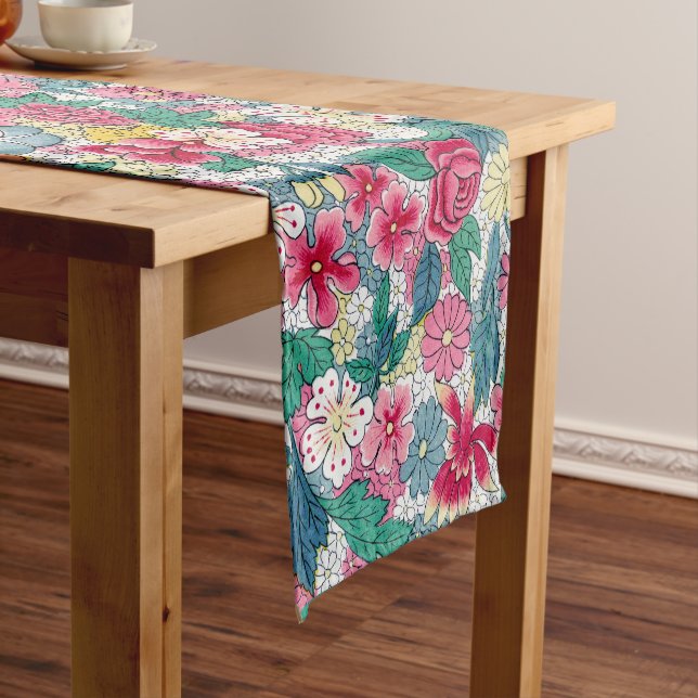 Colourful Chinese Floral Pattern Short Table Runner (In Situ)