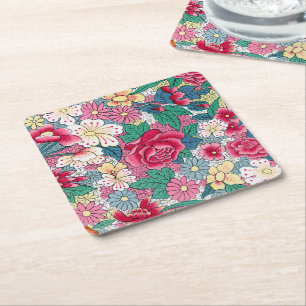 Colourful Chinese Floral Pattern Square Paper Coaster