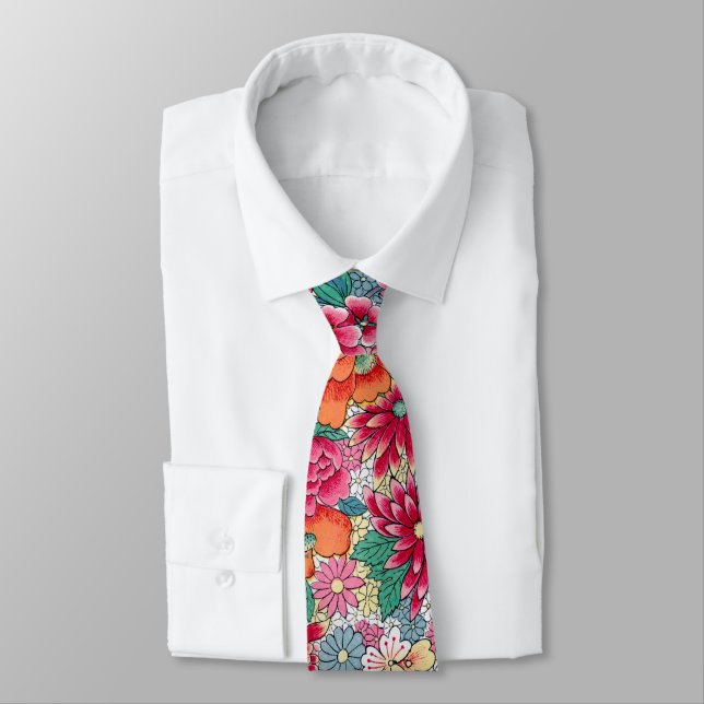 Colourful Chinese Floral Pattern Tie (Tied)
