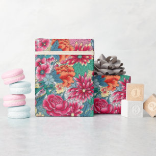 Colourful Chinese Floral Pattern Wrapping Paper