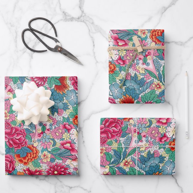 Colourful Chinese Floral Pattern Wrapping Paper Sheet (Front)