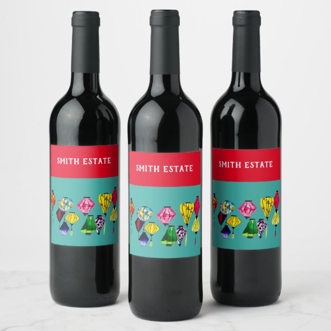Colourful Chinese lanterns art Wine Label (Bottles)
