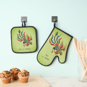 Colourful Chinese Rooster Art Personalised Oven Mitt & Pot Holder Set