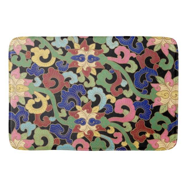 Colourful Chinoiserie Floral Pattern on Black Bath Mat (Front)