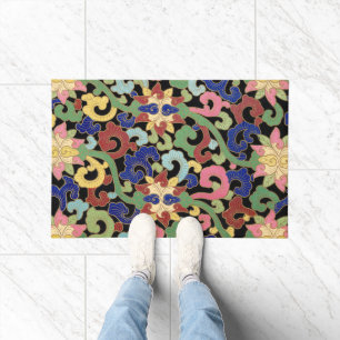 Colourful Chinoiserie Floral Pattern on Black Doormat