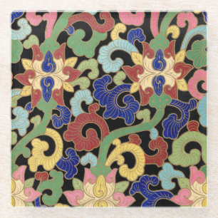 Colourful Chinoiserie Floral Pattern on Black Glass Coaster