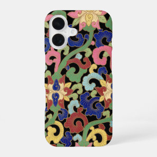 Colourful Chinoiserie Floral Pattern on Black iPhone 16 Case