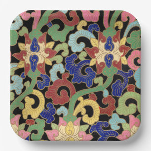 Colourful Chinoiserie Floral Pattern on Black Paper Plate