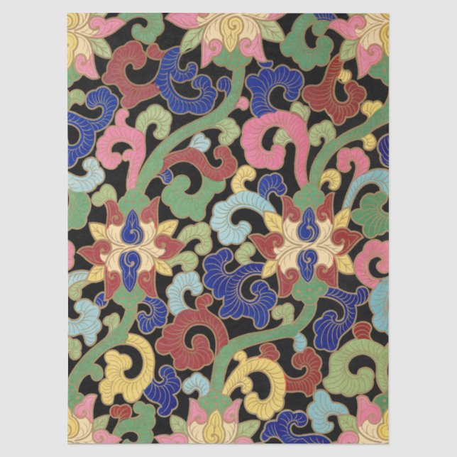 Colourful Chinoiserie Floral Pattern on Black Tissue Paper (Front)