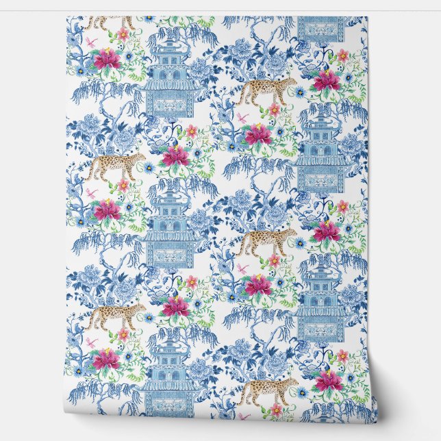 Colourful Chinoiserie Leopard Pagoda n Willow Tree Wallpaper (Unrolling)