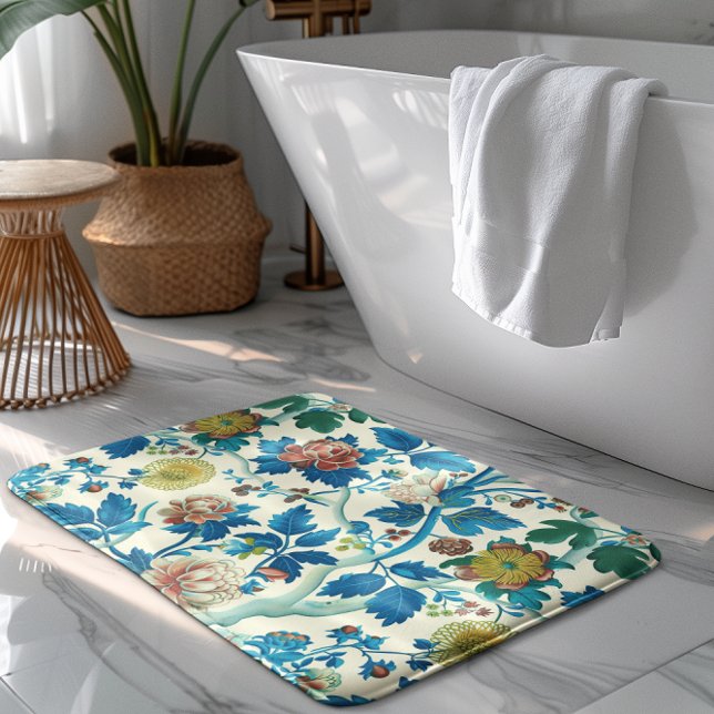 Colourful Chinoiserie Traditional Floral Pattern Bath Mat (Creator Uploaded)