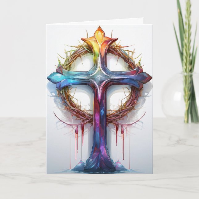 Colourful Christian cross over crown of thorns Card (Front)