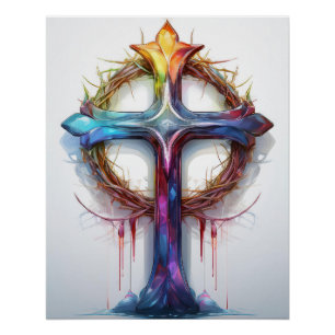 Colourful Christian cross over crown of thorns Poster
