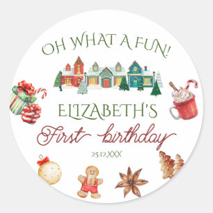 Colourful Christmas 1st birthday Classic Round Sticker