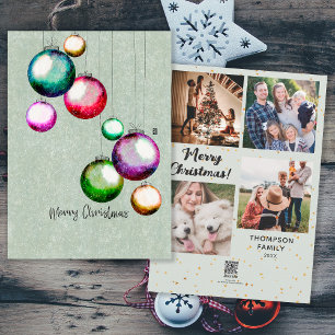 Colourful Christmas Balls 4 Family Photo Collage Holiday Card