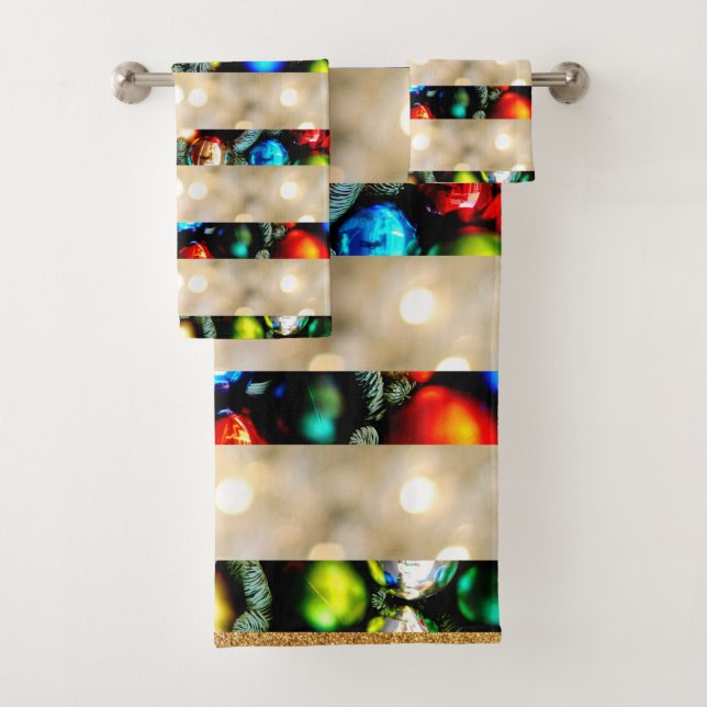 Colourful Christmas Balls And White Lights Stripes Bath Towel Set (Insitu)