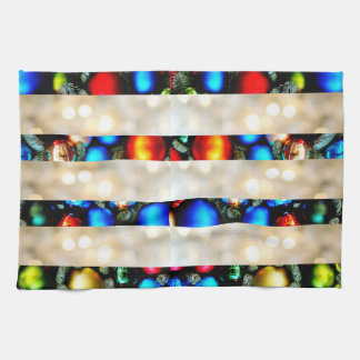 Colourful Christmas Balls And White Lights Stripes Tea Towel