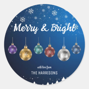 Colourful Christmas Balls Snowflakes Blue Classic Round Sticker