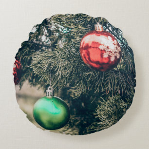 Colourful Christmas bauble decoration on a tree. V Round Cushion