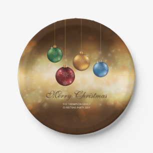Colourful Christmas Baubles On Yellow Bokeh Paper Plate