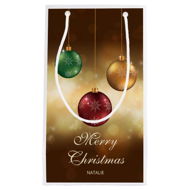 Colourful Christmas Baubles With Custom Text Small Gift Bag (Front)