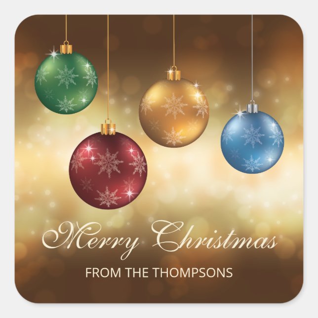 Colourful Christmas Baubles With Custom Text Square Sticker (Front)