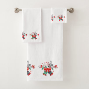 Colourful Christmas Bell & Flowers Bouquet. Bath Towel Set