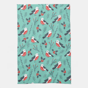 Colourful Christmas Birds & Winter Foliage Pattern Tea Towel