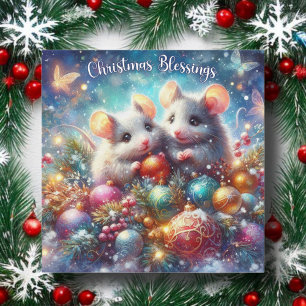 Colourful Christmas Blessings Cute Festive Mice Holiday Card
