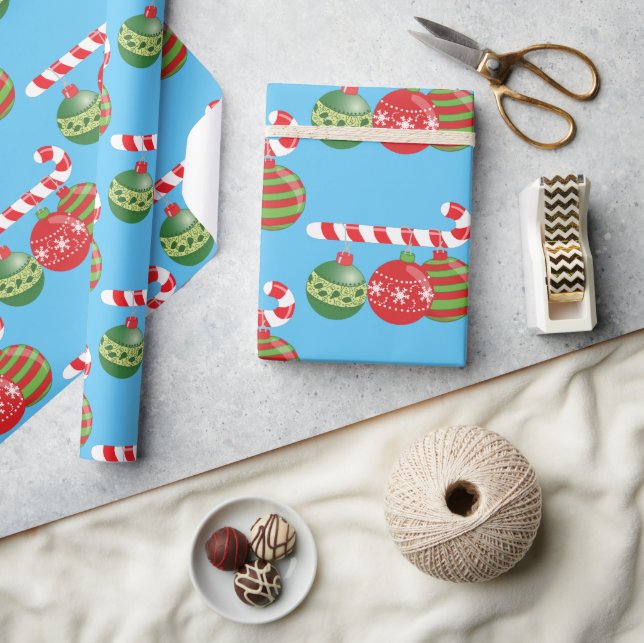 Colourful Christmas Candy Canes & Ornaments Wrapping Paper (Crafts)