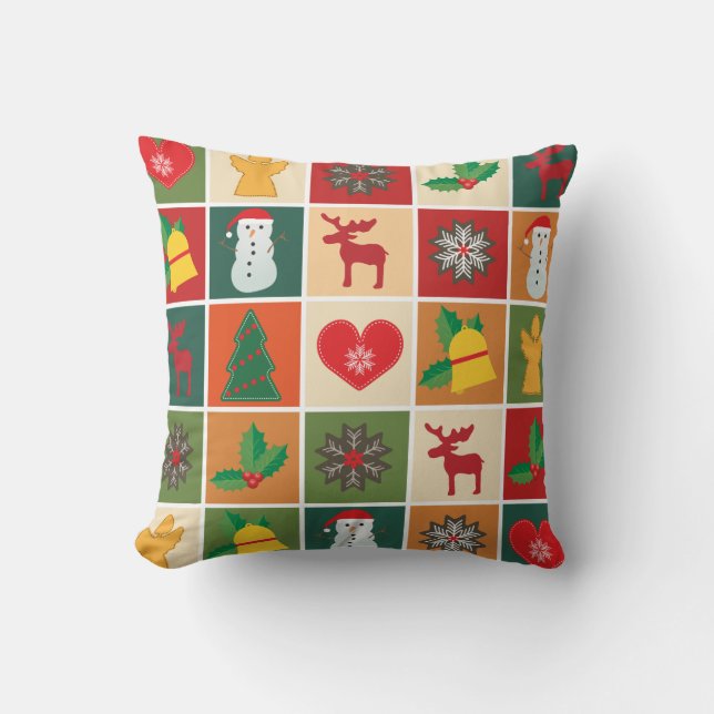 Colourful Christmas Collage Cushion (Front)