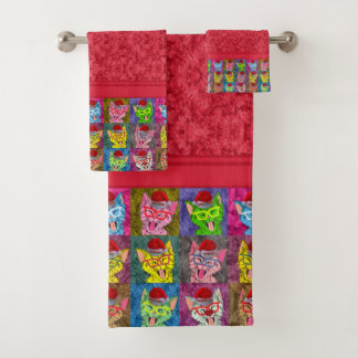 Colourful Christmas Cute Cat Bath Towel Set
