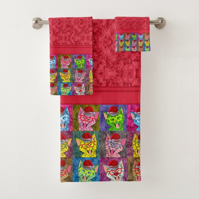 Colourful Christmas Cute Cat Bath Towel Set (Insitu)