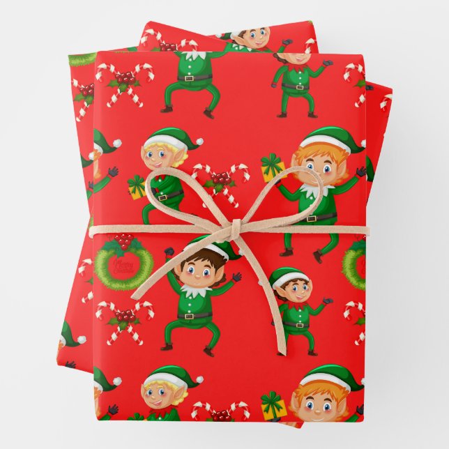 Colourful Christmas Elf and Candy Cane Red Wrapping Paper Sheet (In situ)
