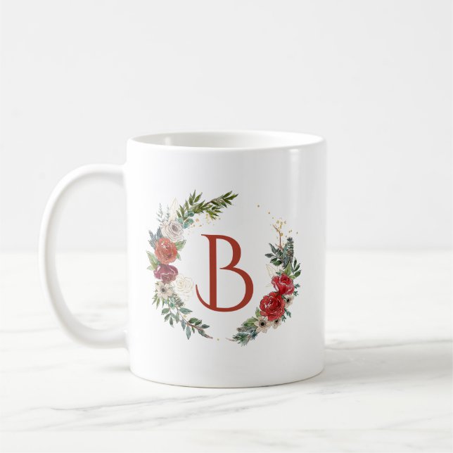 Colourful Christmas flowers wreath monogram Coffee Mug (Left)