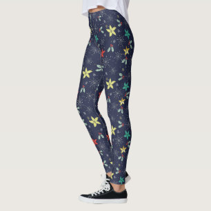 Colourful Christmas Foliage & Snowflakes Pattern Leggings