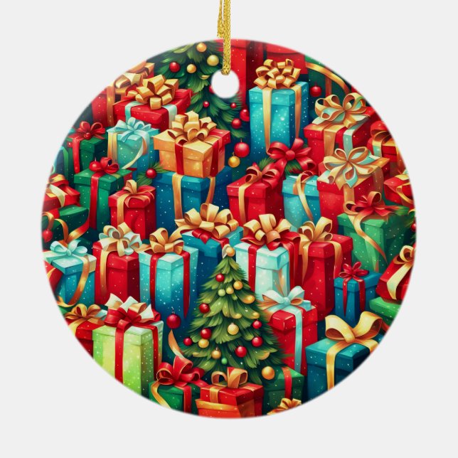 Colourful Christmas Gifts,  Holiday Tree Pattern  Ceramic Ornament (Back)