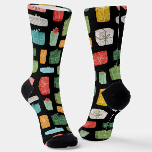 Colourful Christmas Gifts Pattern on Black Socks
