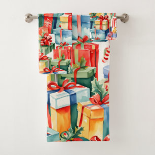 Colourful Christmas Gifts Watercolor Pattern Bath Towel Set