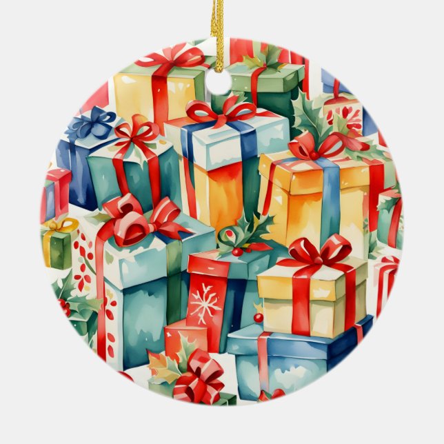 Colourful Christmas Gifts Watercolor  Pattern  Ceramic Ornament (Back)
