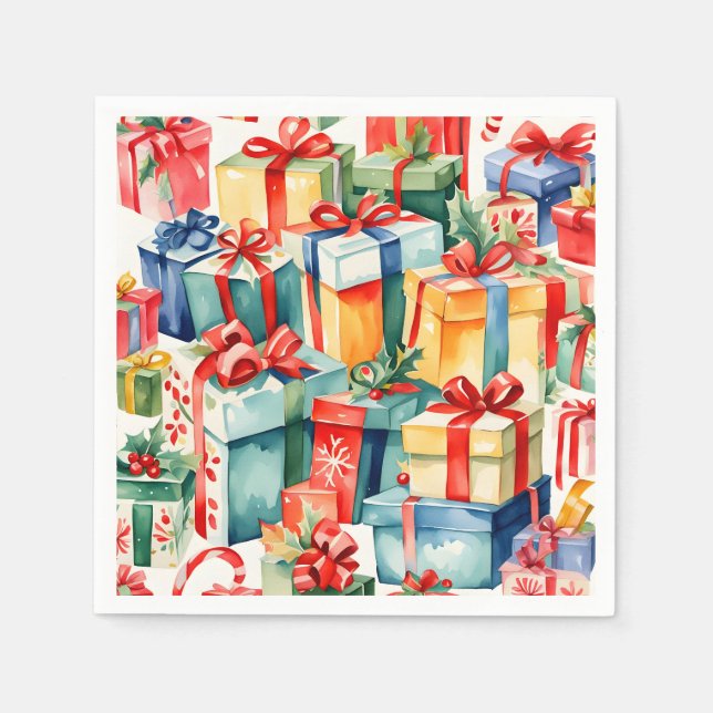 Colourful Christmas Gifts Watercolor  Pattern  Napkin (Front)