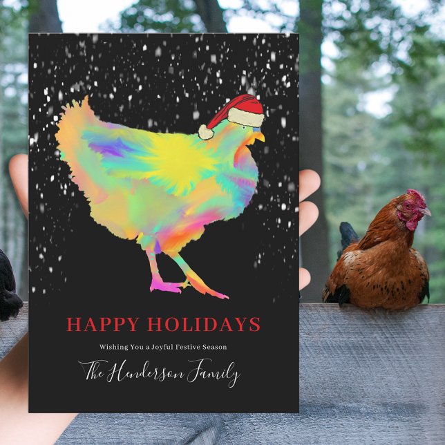 Colourful Christmas Hen Wearing a Santa Hat Holiday Card (Colorful Christmas hen wearing a santa hat in the snow personalized happy holidays greetings card)