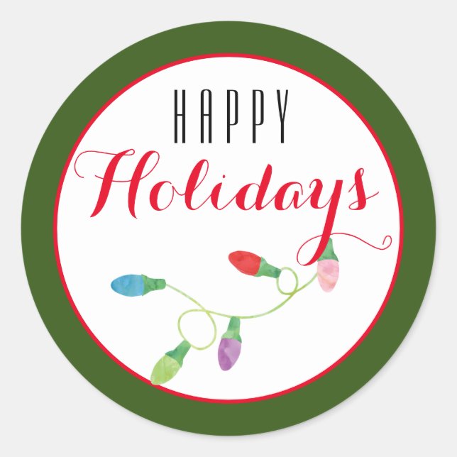 Colourful Christmas Light Happy Holiday/ Green Classic Round Sticker (Front)