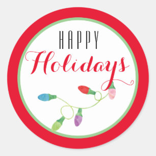Colourful Christmas Light Happy Holiday/ Red Classic Round Sticker