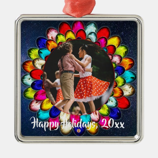 Colourful Christmas Lights Blue Recital Moment Metal Ornament (Front)
