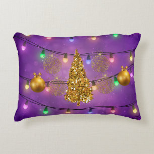 Colourful Christmas Lights Golden Tree & Ornaments Decorative Cushion