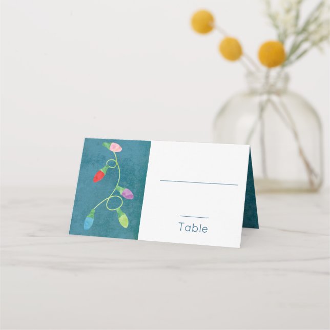 Colourful Christmas Lights on Blue Background Place Card (Front)